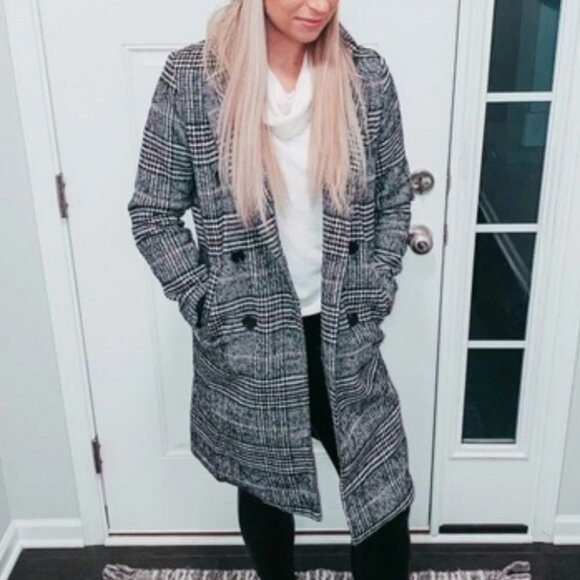 plaid Print Double Breasted Pea Overcoat jacket fall/winter - Picture 13 of 15